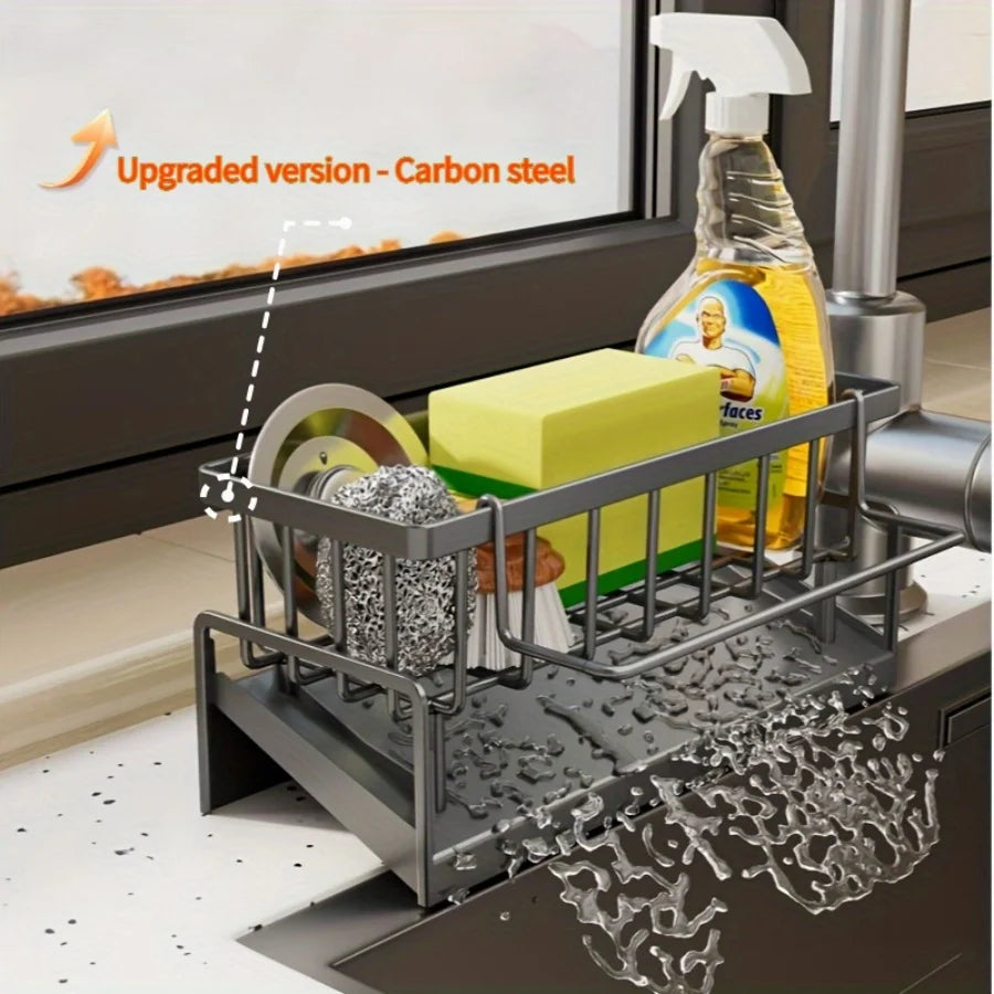 Stainless Steel Kitchen Sink Organizer - Multi-Functional Over Sink Drain Rack for Faucet Area, Rag & Sponge Storage