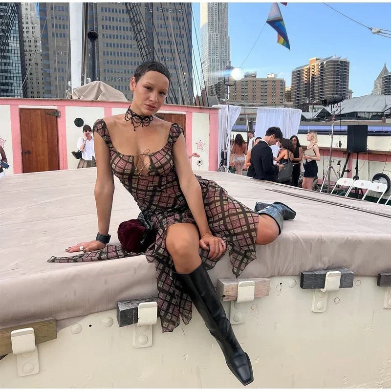 Plaid Off Shoulder Long Dress Women Chic Tie Front Cutout Ruched Asymmetric Hem Sundress 2026 Summer Lady Casual Daily Vestidos