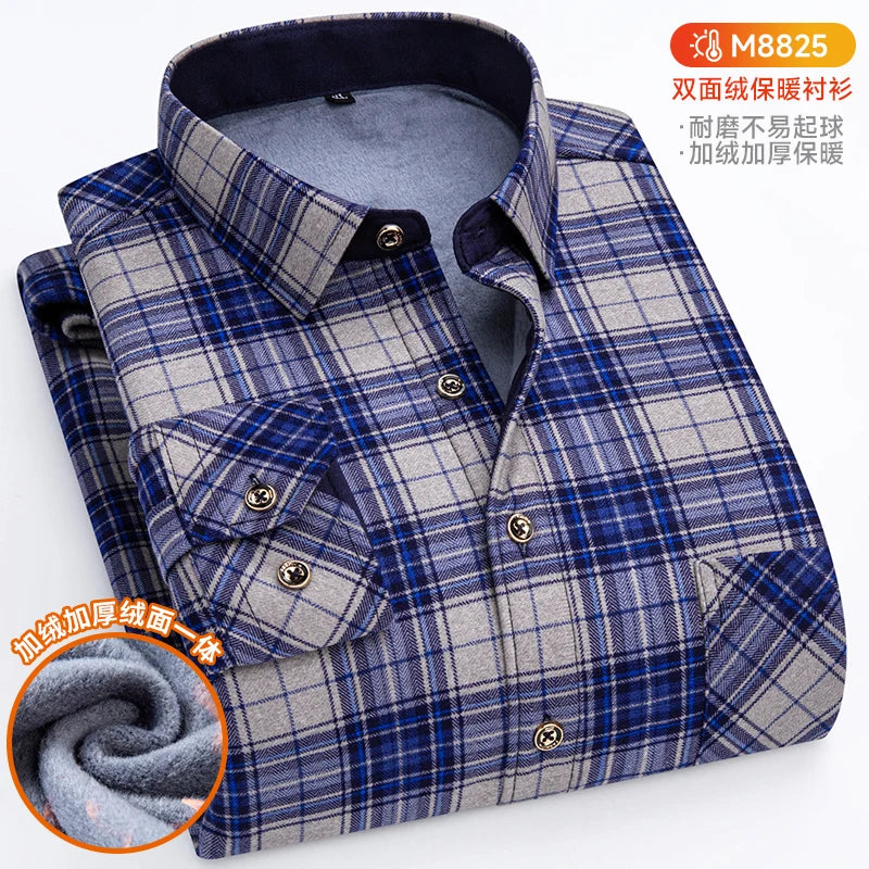 Winter Warm Shirts For Men Regular Fit Thicker Velvet Top Blouse Asia Plus Size Big Plaid Casual Clothing Long Sleeves Shirts