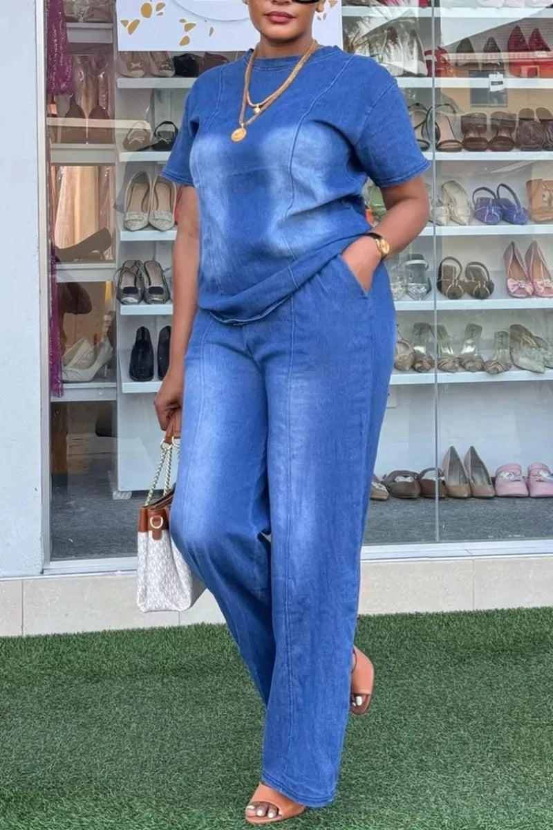 Fashion Women Two Piece Sets Denim Round Neck Short Sleeve Tops Casual Loose Wide Leg Long Pants Set High Waist Y2k Streetwear