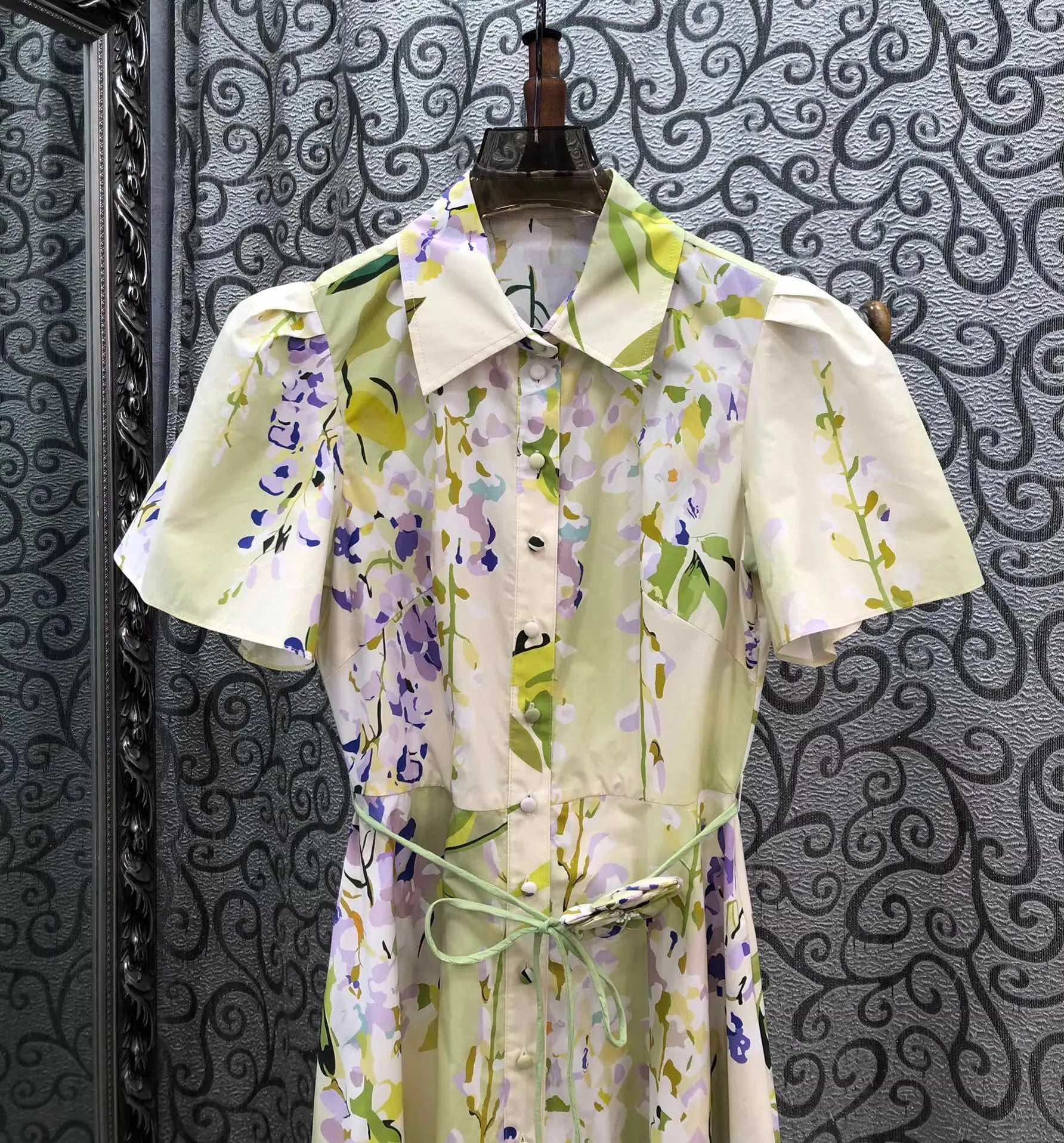 100%Cotton Long Dress 2026 Spring Summer Women Turn-down Collar Sweet Floral Print Belt Deco Short Sleeve Long Maxi Dress Luxury