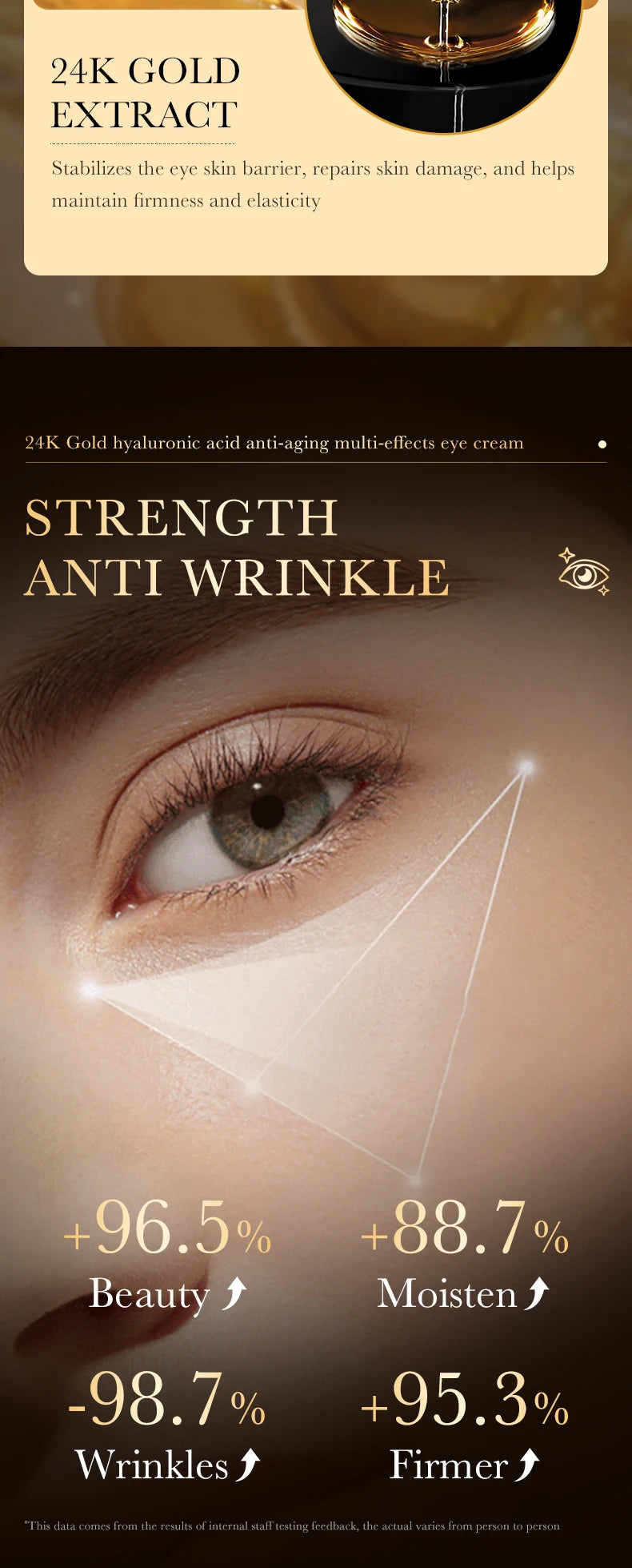 24K hyaluronic acid eye cream, nourishing, improving dark circles and eye wrinkles, anti-aging eye cream essence
