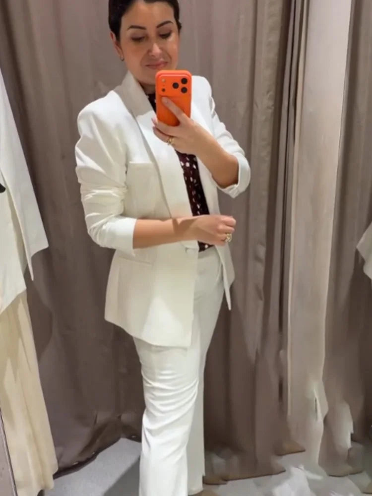 HH 2026 Women New Fashion Solid 2-Piece Set Single Button Long Sleeve Blazer Jacket+High Waist Zipper Pockets Solid Long Pants