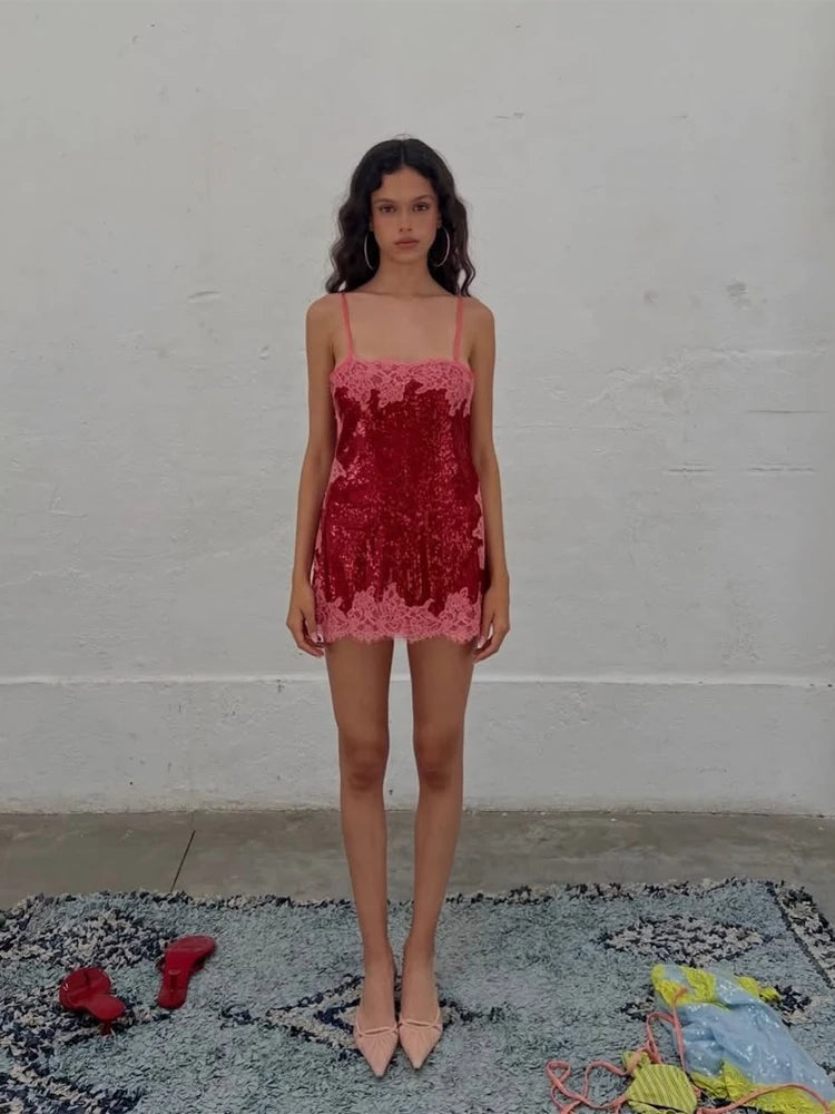 Women Chic Sequin Spaghetti Strap Mini Dress Lightweight Sexy Lace Trim Slimming Sleep Dresses 2026 Summer Beach Vacation Wear