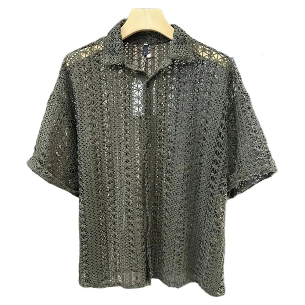 Men's Knitted Hollow Short-Sleeved Shirt American Retro Fashion Trend Simple Loose Breathable Vacation Summer New Men's Tops