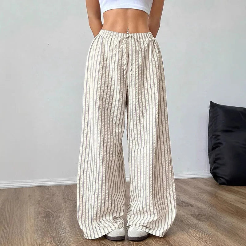 Women's Casual Striped Wide-Leg Pants   Summer Commute Fashion Drawstring Elastic Waist  Versatile Relaxed Straight Leg Trousers