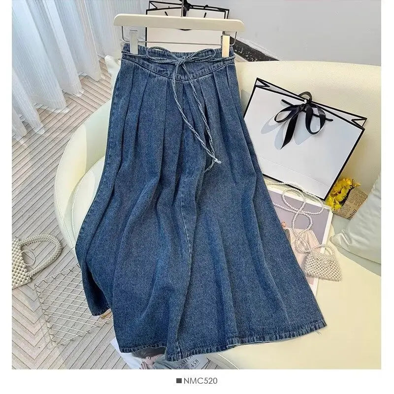 Denim Skirts Women Mid Length Skirt A Line High Waist Slim Fit Pleated Casual Elegant Splice Y2k Streetwear Work 2026 Spring