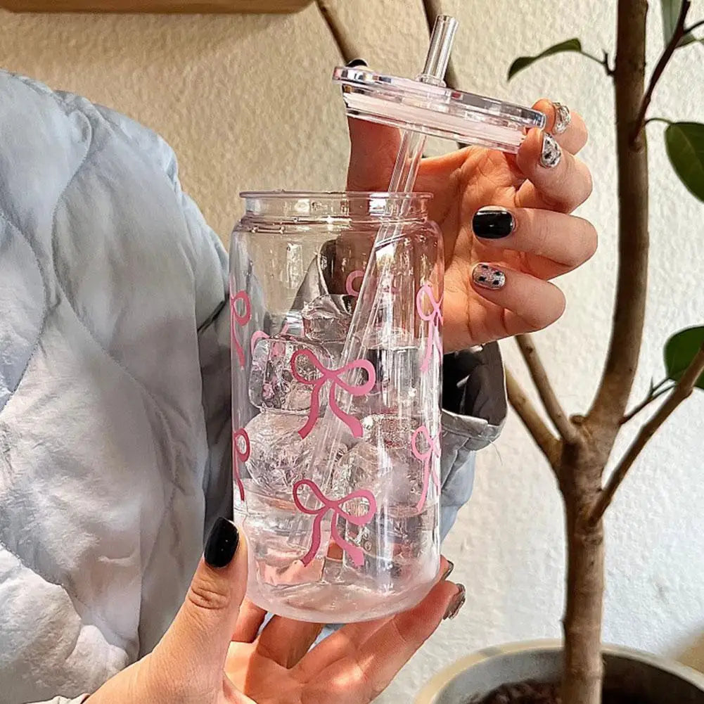 500ml Pink Bow Plastic Cups With Lids And Straws Reusable Bow Aesthetic Cup For Drinking Coffee Tea Cocktail For Party Support