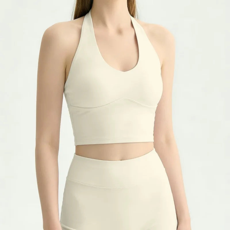 Women Halter Tie‑Up U‑Neck Yoga Sports Top Stylish Design Breathable Comfortable Integrated Fixed Cup Cropped Tank Top Fitness