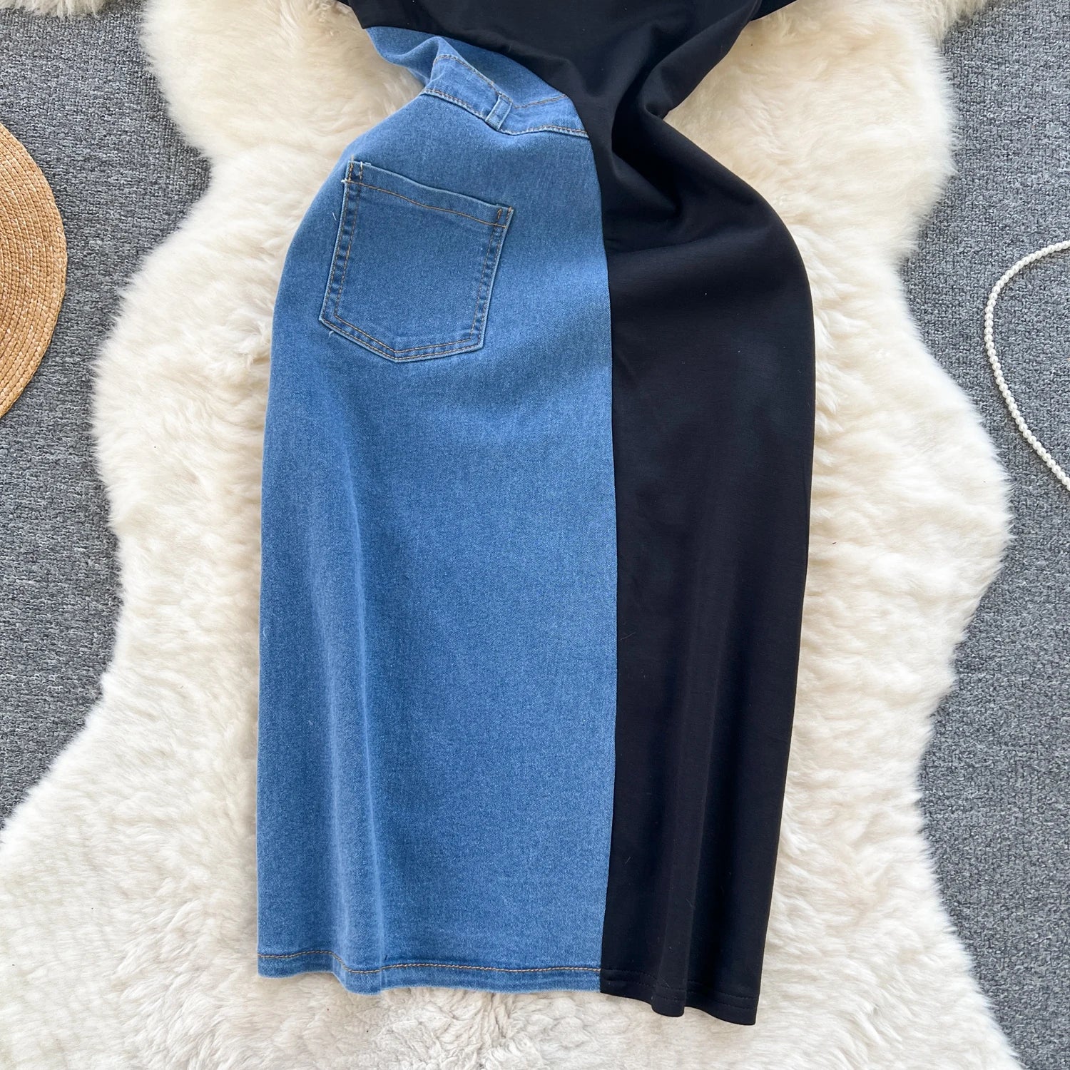 Women Design Contrast Color Splicing Denim Slim Mid-length Short-sleeved Temperament Youth Woman Summer Dress