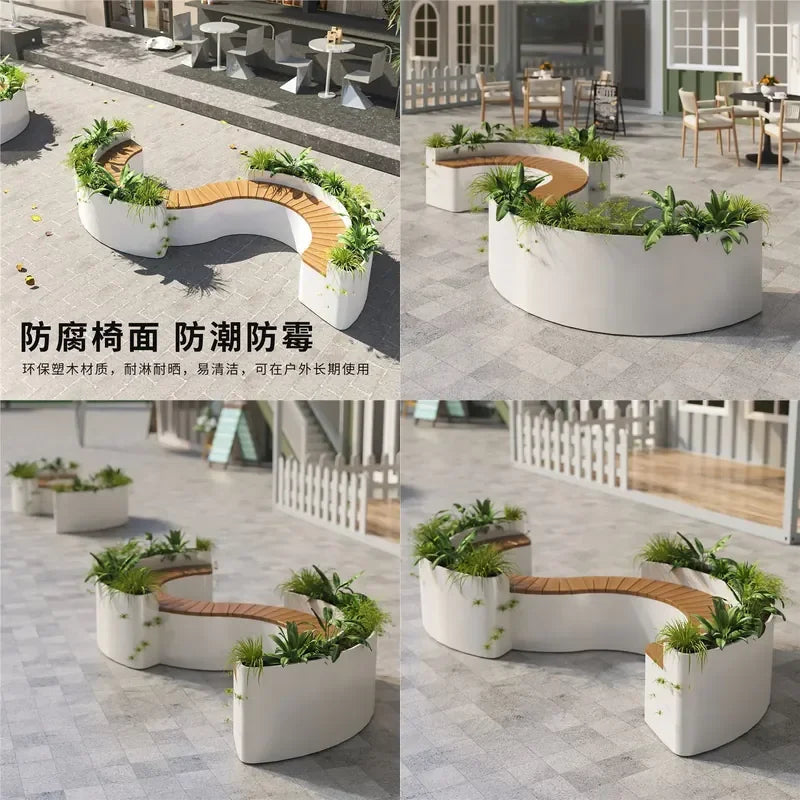 For Outdoor Curved Wood Flower Box Seat Square Park Mall Public Area Anti-corrosion Moisture-proof Leisure Bench