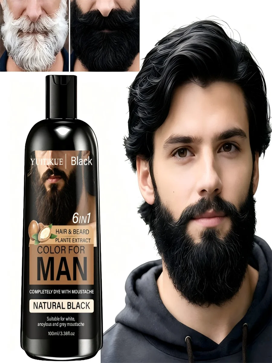 YUITIKUE Men Hair Color Beard Dye Long Lasting Natural Black Shade Plant Based Formula Easy to Apply 100ml