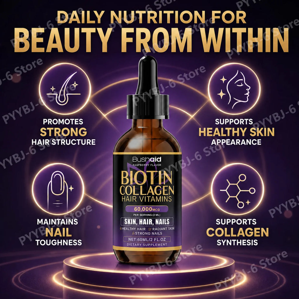 BushAid Biotin Collagen Hair Vitamins Liquid Drops Supports Strong Hair Structure and Helps Maintain Nail Toughness 60ml