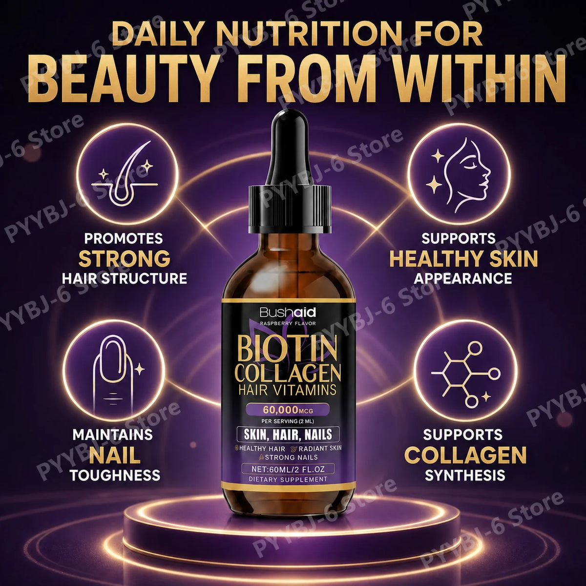 BushAid Biotin Collagen Hair Vitamins Liquid Drops Supports Strong Hair Structure and Helps Maintain Nail Toughness 60ml
