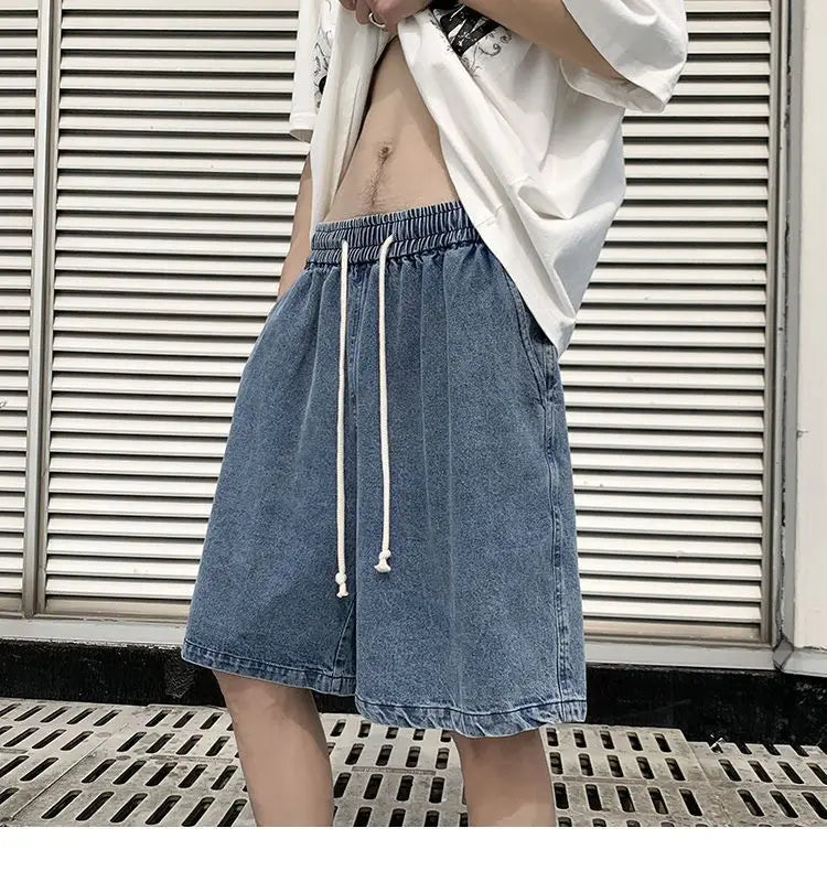 New Men's Fashion Vintage Jeans Summer Loose Casual Male Wide Leg Knee Length Shorts Washed Short Denim Pants Male Streetwear