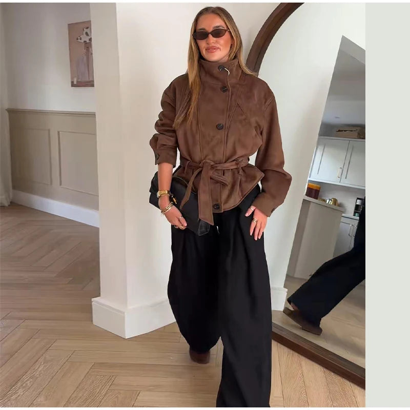 Faux Suede Women Winter Jacket Belted Waist Autumn Coat Stand Collar Short Jacket Cargo Jacket Daily Commute Wear Street Style