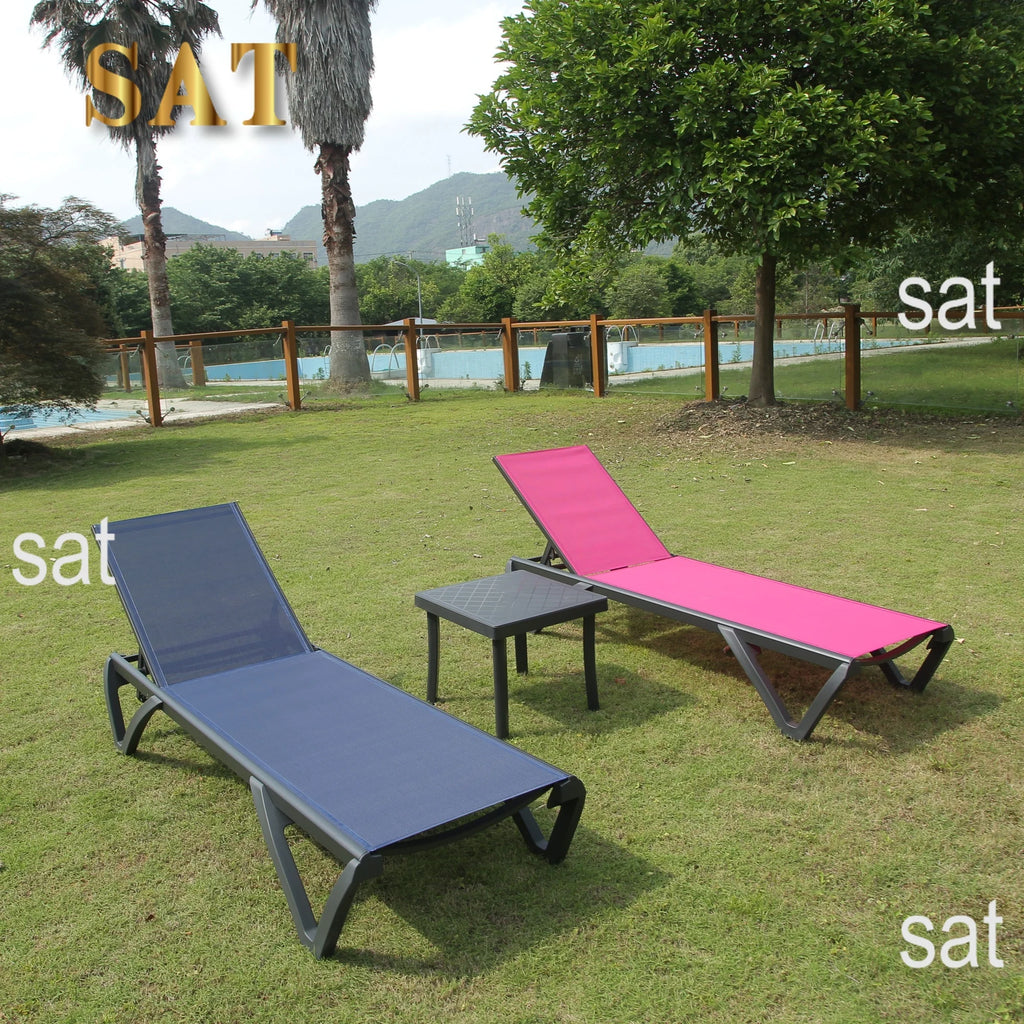 ！@！@3pcs Adjustable Aluminum Outdoor Sun Loungers Blue Textilene Side Table All Weather Leisure Deck Lawn Poolside Backyard Lake