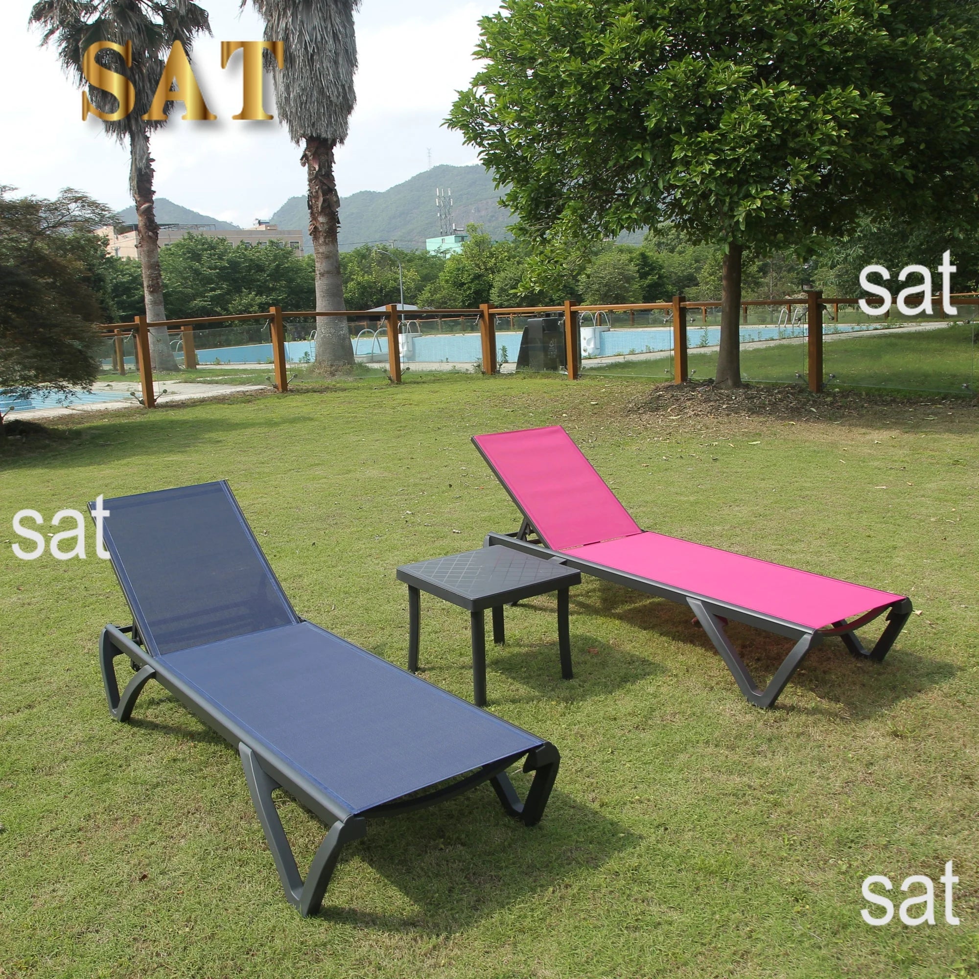 ！@！@3pcs Adjustable Aluminum Outdoor Sun Loungers Blue Textilene Side Table All Weather Leisure Deck Lawn Poolside Backyard Lake