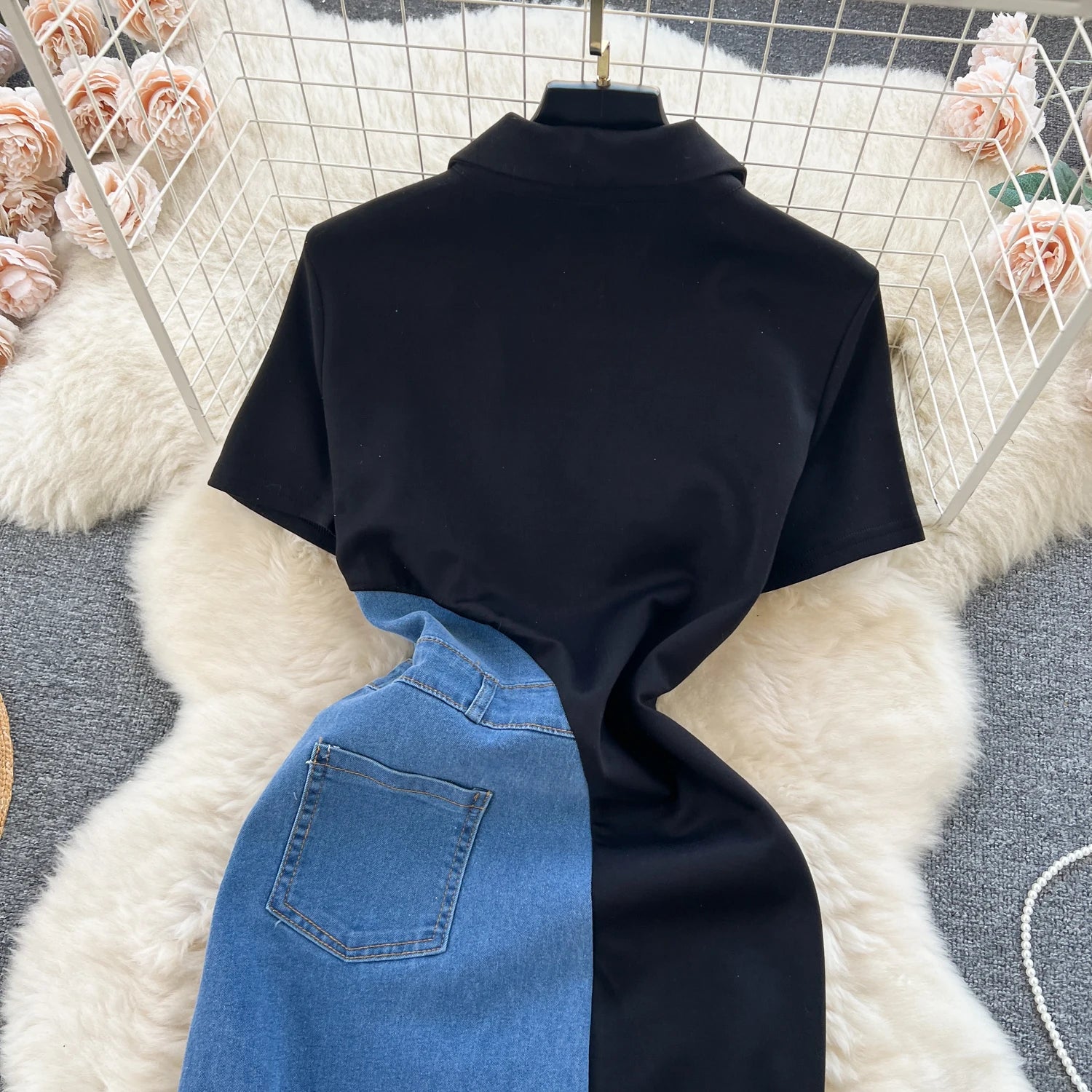 Women Design Contrast Color Splicing Denim Slim Mid-length Short-sleeved Temperament Youth Woman Summer Dress