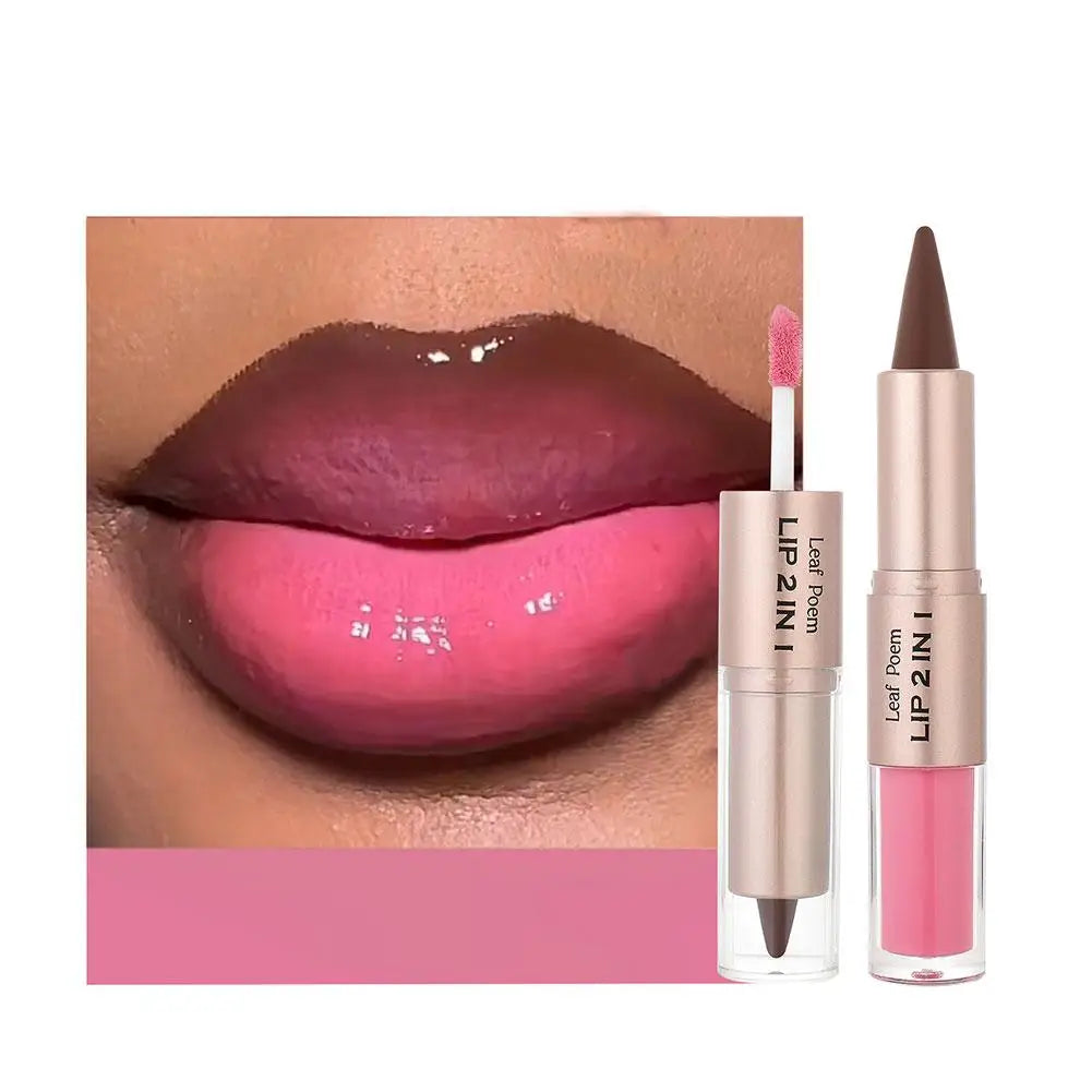Waterproof Contour Non Stick Makeup Double-headed Matte Mirror Design Lip Glaze Nude Brown 2-in-1 Tapered Gradient Lip Liner Pen
