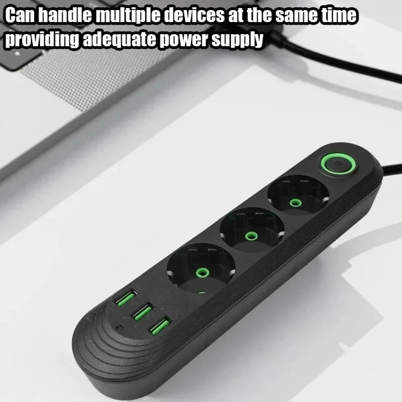 EU Plug AC Outlet 2500W Multiports Power Strip AC Outlet with 3USB Port 2m Extension Cable Round Pin Electrical Charger Adapter