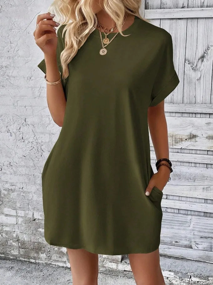New women's spring and summer fashionable temperament casual commuting solid color round neck loose short sleeved pocket dress