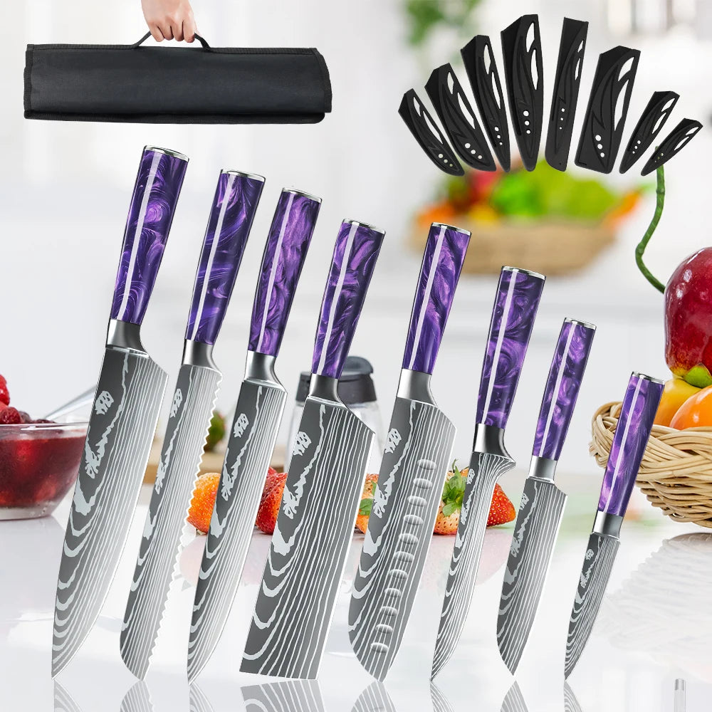8PCS Utility Kitchen Knifes Resin Handle Carbon Steel Chef Knives Meat Cleaver Fruit Vegetable Slicing  Knife Cooking Tool