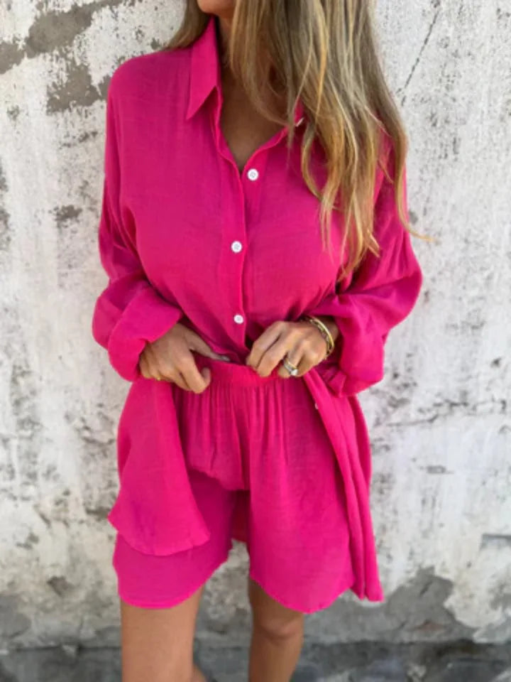 2026 Women's Casual Solid Color Cotton and Linen Shorts Long Sleeve Wrinkle Shirt Two-piece Set