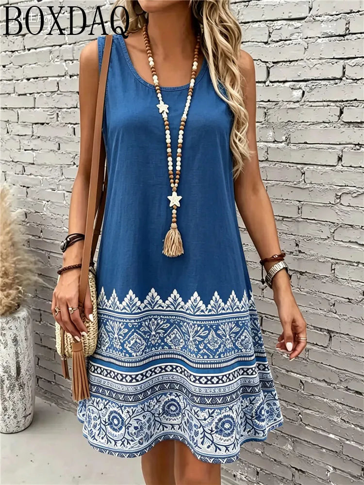 Women's New Summer Round Neck Sleeveless Loose A-Line Flower Multi-Color Printed Fashionable and Elegant Party Dress