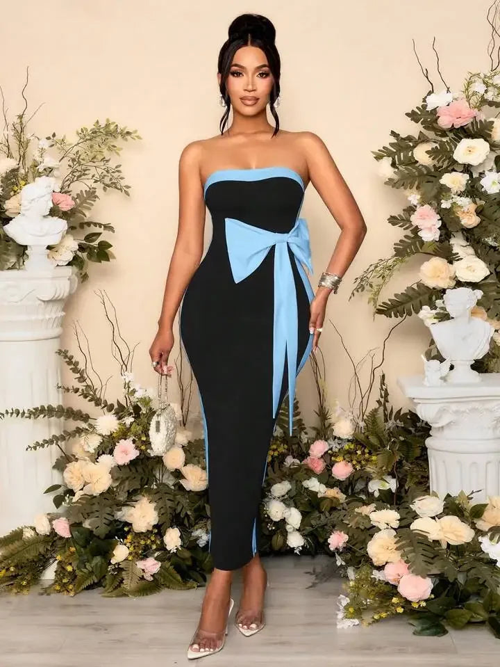 Women Sexy Strapless Off the Shoulder Bow Bodycon Bandage Long Dress Celebrate Fashion Nightclub Party Birthday Outfit