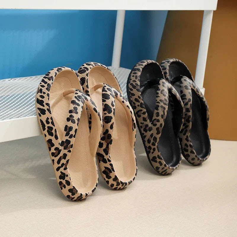 Summer New Women Sandals Comfort Flip-Flop Leopard Soft Thick-Soled Cloud Slippers Travel Vacation Beach Shoes