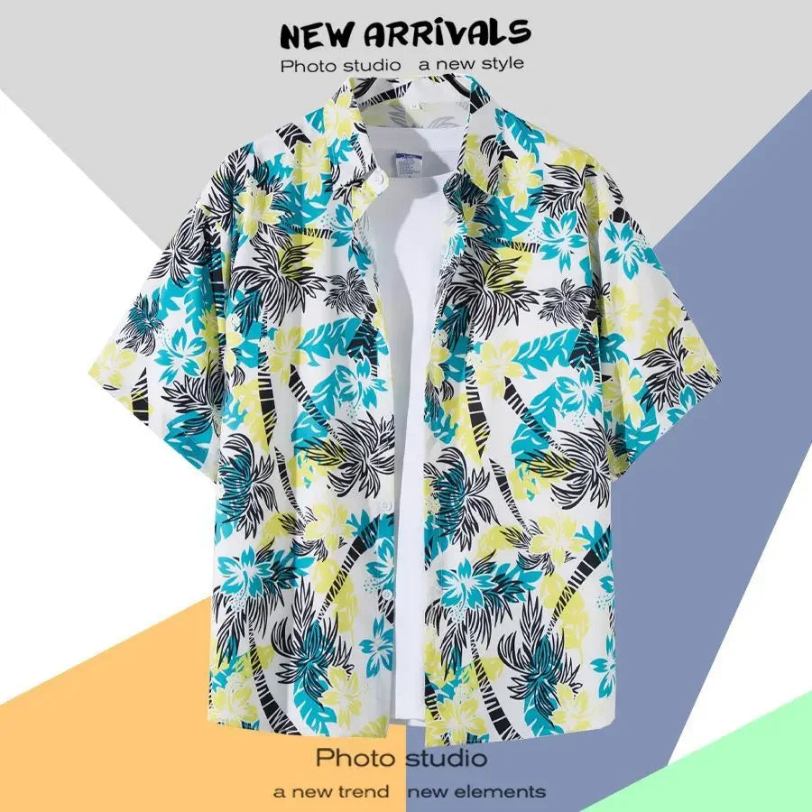 New Summer Casual Short Sleeved Shirt Korean Version Fashionable Men's and Women's Loose Collar Hawaiian Seaside Flower Shirt
