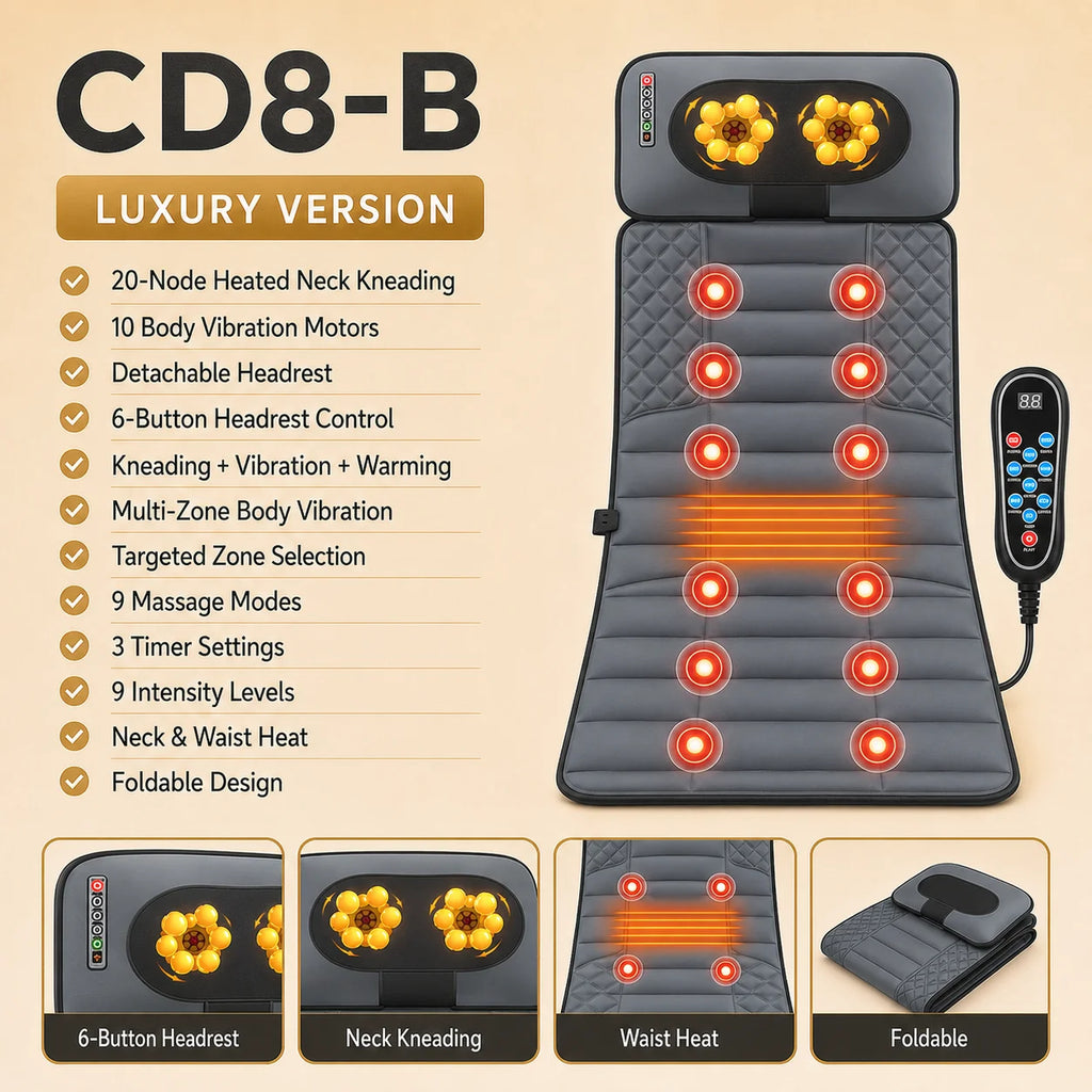 Full Body Massage Mat Foldable Neck Kneading 10 Motor Vibration Heat Shiatsu Electric Massage Cushion 9 Modes Wired Remote Home
