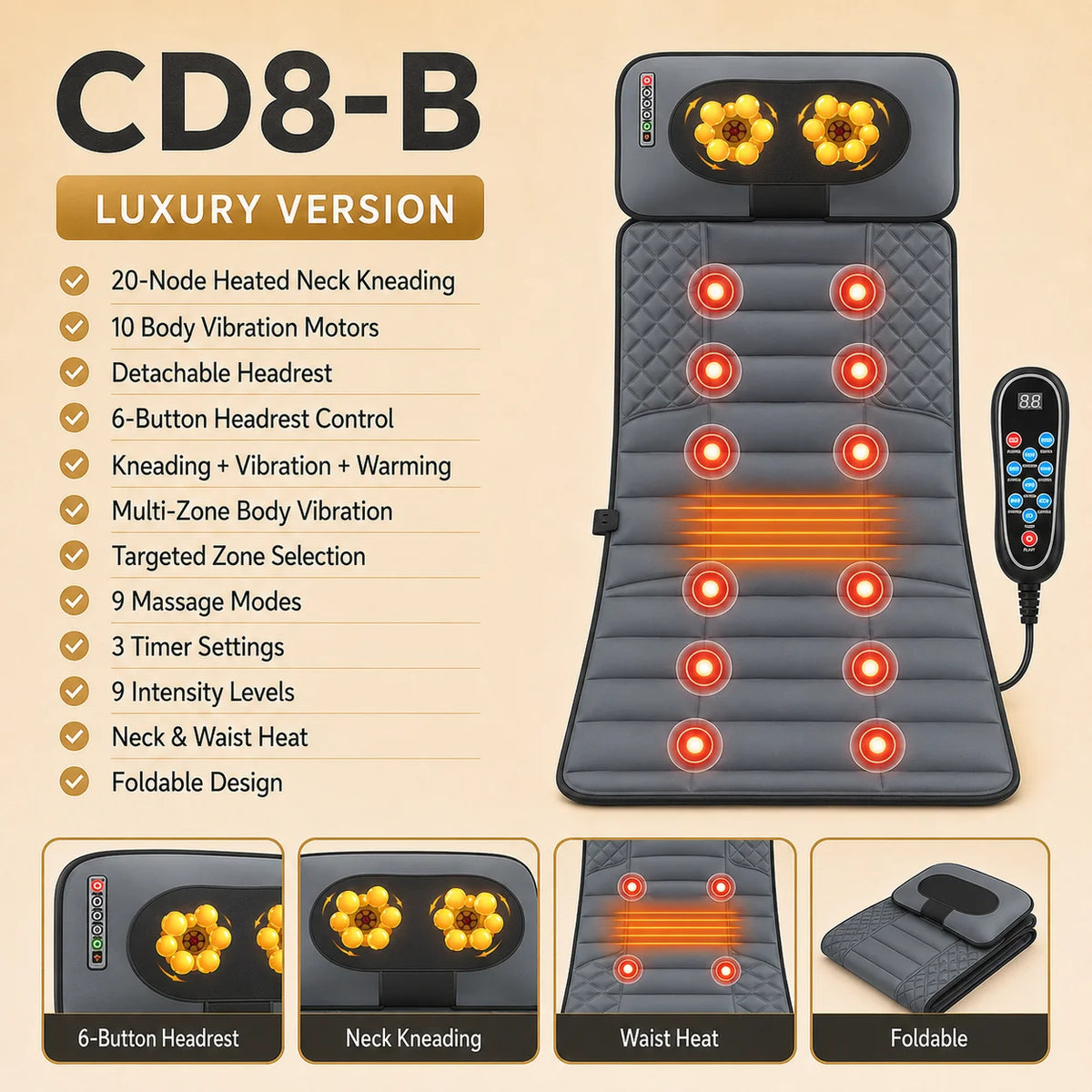 Full Body Massage Mat Foldable Neck Kneading 10 Motor Vibration Heat Shiatsu Electric Massage Cushion 9 Modes Wired Remote Home