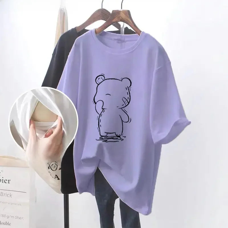 Fashionable Breastfeeding Top Short Sleeve Crew Neck T-shirt Versatile Summer Outdoor Wear For Mothers Simple Top For Feeding