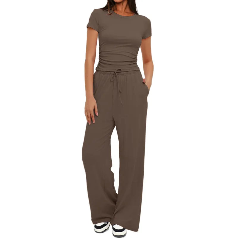 Women's Summer Solid Loose Casual Tracksuit Two Piece Set O Neck Short Sleeve T Shirt Wide Leg Pants Sportswear