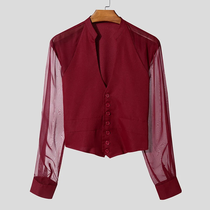 Men Shirt Mesh Patchwork V Neck Long Sleeve Casual Male Shirts Streetwear Transparent Sexy Fashion Party Camisas 2025 INCERUN