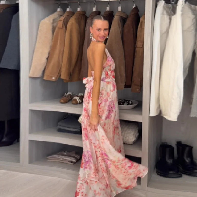 Floral Print Halter Maxi Dress Women Spring V Neck A Line Vacation Vestidos Backless Sleeveless Robes 2026 NEW Lady Long Dresses