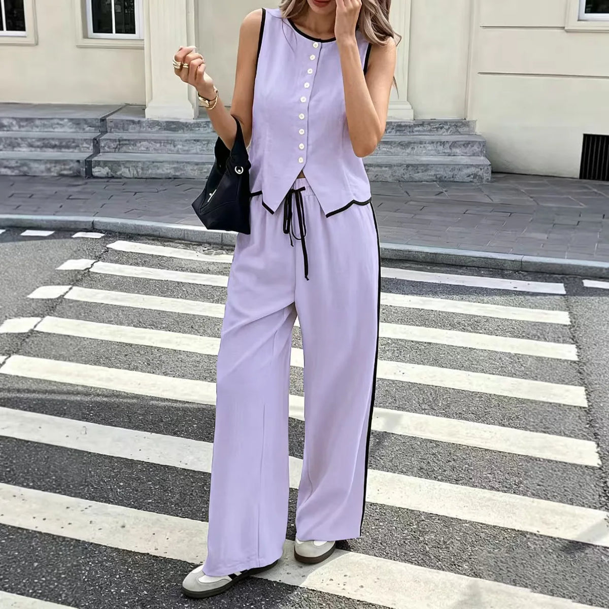 2026 New Multi Color Contrast Edge Tank Top and Trousers Suit Ladies Sleeveless Waistcoat Loose Pants Daily Travel Streetwear