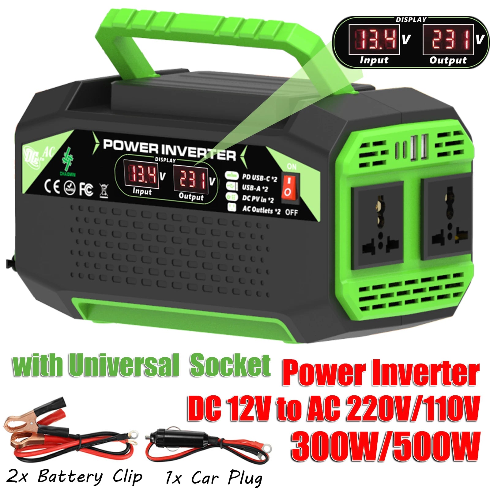 500W power inverter, DC 12V to AC 110V/220V voltage converter, with USB and Type-C ports, suitable for laptops and outdoor use