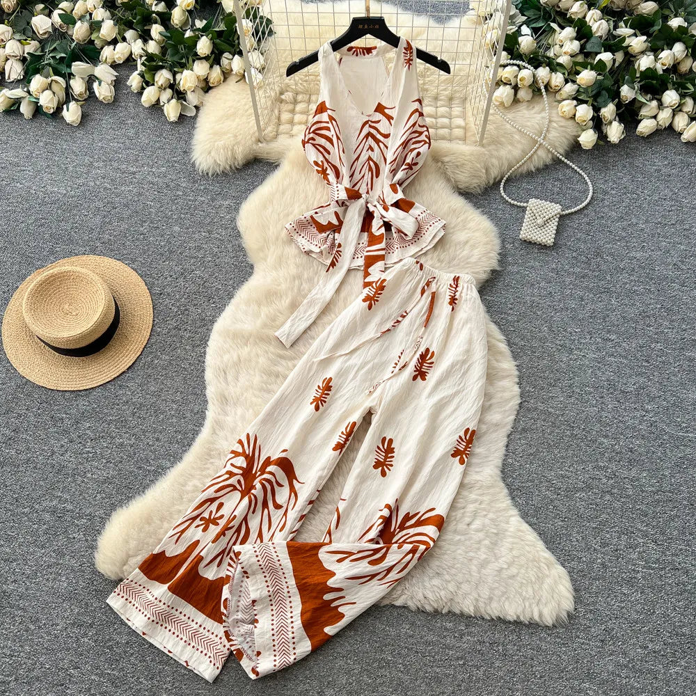SINGREINY Boho Print Vacation Suits Summer 2026 Sleeveless Lace Up Tank Top+Loose Wide Leg Pant Chic Lazy Casual Women 2pcs Sets