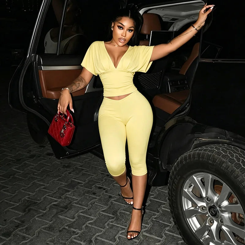 Fashion 2 Piece Set Women Y2k Solid V-Neck Cincher Top and Capri Pants Suits New 2026 Going Out Matching Outfits Two Piece Sets