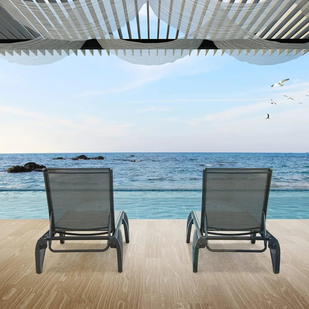 2 Pack Aluminum Outdoor Chaise Lounge,5 Position Adjustable Backrest&Wheels,All Weather Pool Patio, Custom