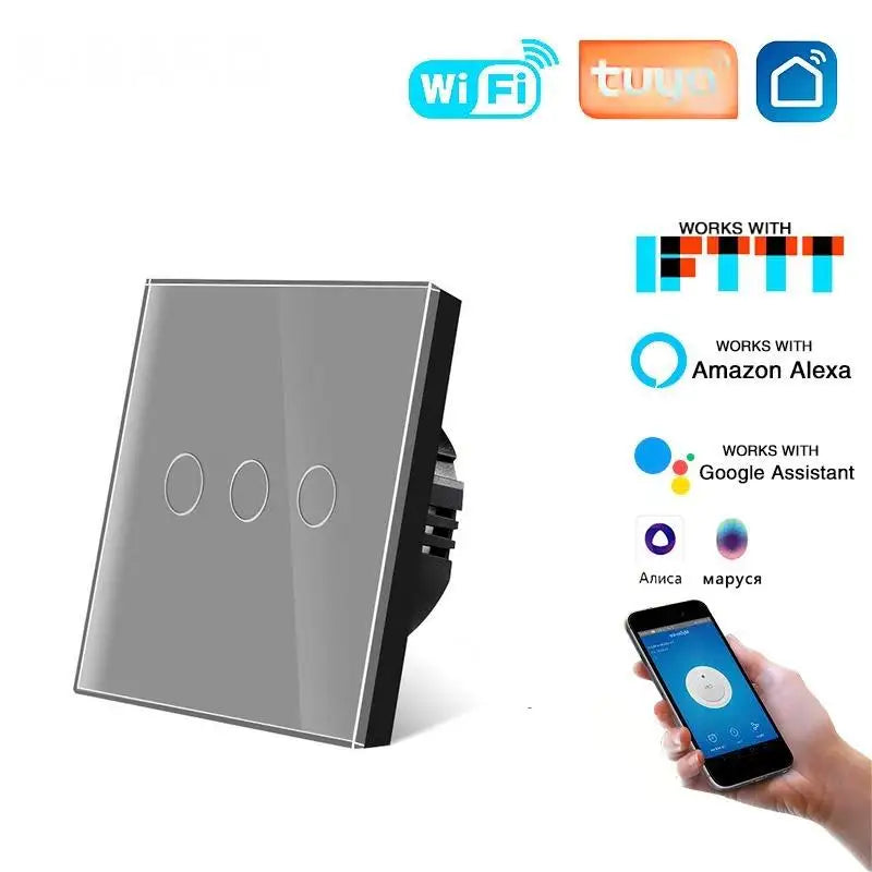 Tuya WiFi Smart Touch Switch Glass Panel EU Standard 1/2/3/4 Gang Light Switch Neutral Wire Required App Voice Control Alexa Goo