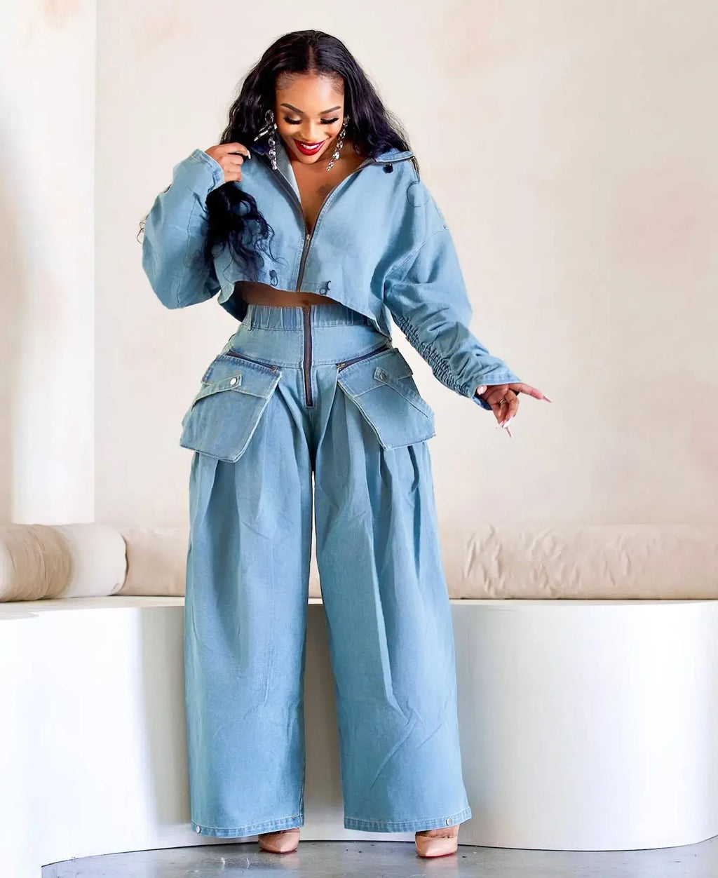 Denim Two Piece Sets Women Coat Jacket Wide Leg Pants Jeans Suits Matching Sets Trousers Outfits 2025 Y2k Streetwear Party