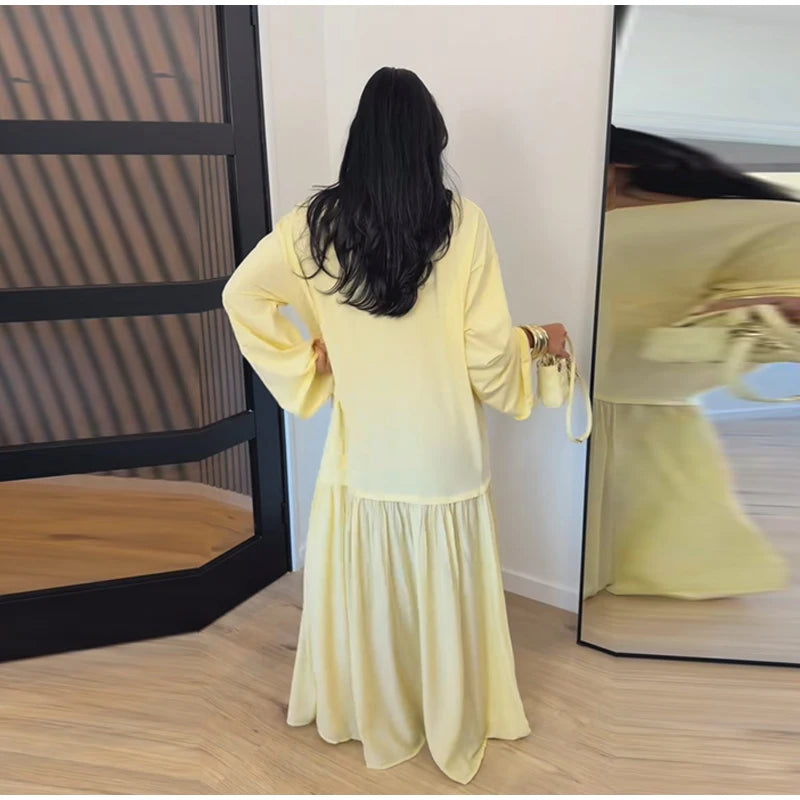 Solid Color Loose Fit Flare Sleeve Tiered Dress Crew Neck Ruffle Hem Pleated Long Maxi Dresses 2026 Spring Chic Casual Outwear