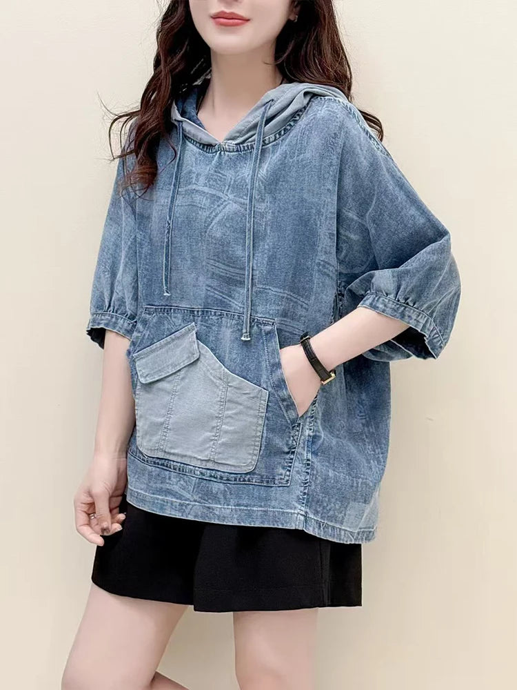 AmaxluluE Summer Fashion Clothes 2025 Women Denim Hooded Blouses Casual Big Size Printed Shirts Ladies Loose Vintage O Neck Tops