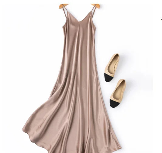 Tcyeek Woman Long Dress, 100%Real Silk, V Neck, Solid Spaghetti Strap Dresses, 2025 Elegant Chic Clothes