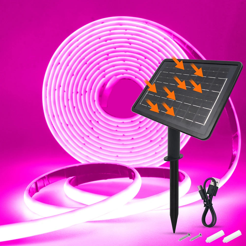 Solar Neon Light Strip 24V COB Waterproof IP68 Flexible LED Tape Red Green Blue Warm White 320LED/m High Density Linear Lighting