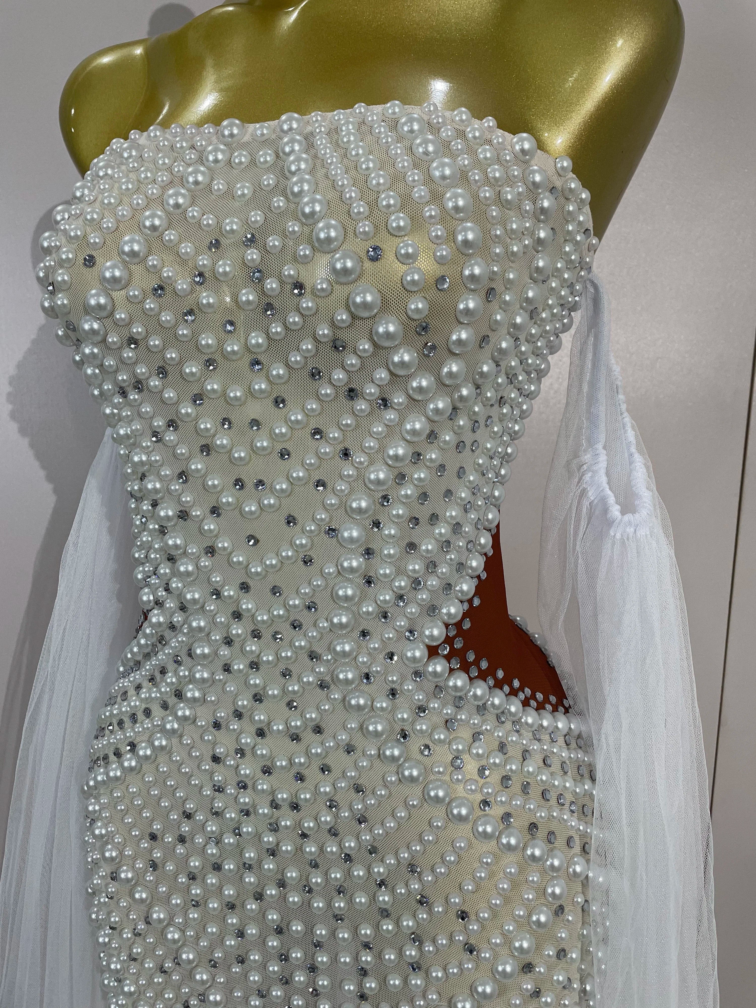 Elegant Sparkly Rhinestone White Pearl Sexy Strapless Mesh Long Dress Wedding Guest Gowns Luxury Birthday Evening Party Dress